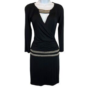 Cache Vintage Y2K Deep V-neck Bodycon Dress  Women's XS  Black Ruched Beading